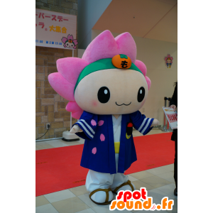 ροζ μασκότ κορίτσι μαλλιά με μια μπλε στολή - MASFR25213 - Yuru-Χαρά ιαπωνική Μασκότ