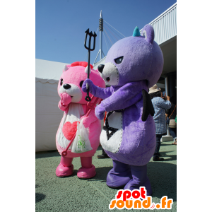 2コアクマとアクマのマスコット、ピンクと紫のテディベア-MASFR25220-日本のゆるキャラのマスコット