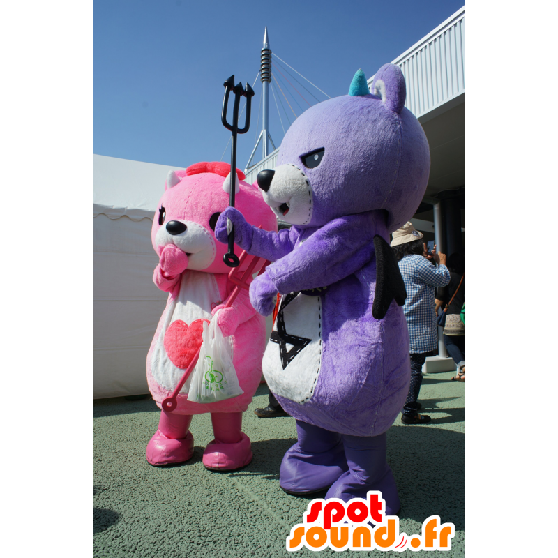 2 mascotas Koakkuma y Akkuma, peluche de color rosa y morado - MASFR25220 - Yuru-Chara mascotas japonesas