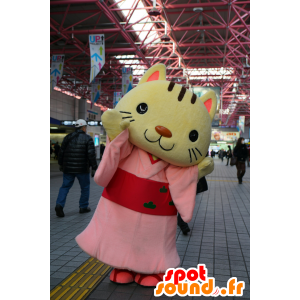 Gelbe Katze Maskottchen in einem rosafarbenen Kittel gekleidet - MASFR25221 - Yuru-Chara japanischen Maskottchen
