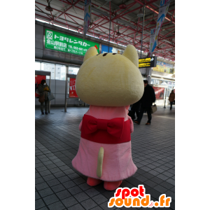 Giallo gatto mascotte, vestito con una tunica di colore rosa - MASFR25221 - Yuru-Chara mascotte giapponese