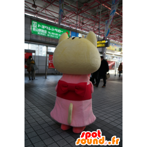 Gele kat mascotte, gekleed in een roze tuniek - MASFR25221 - Yuru-Chara Japanse Mascottes