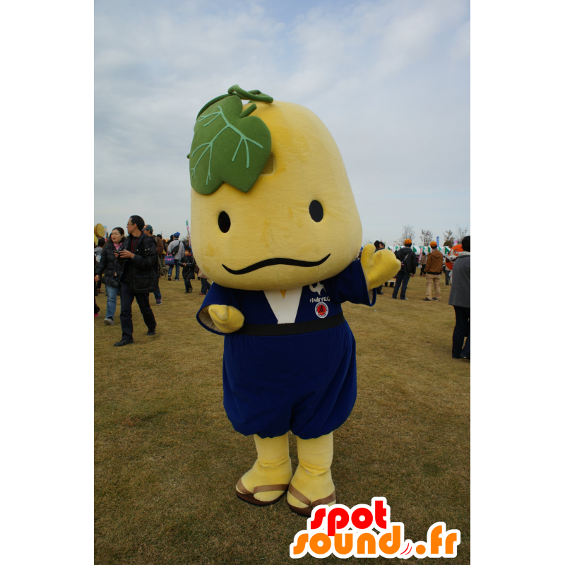 Round-Kun mascotte, uomo giallo, con una foglia di fico - MASFR25222 - Yuru-Chara mascotte giapponese