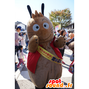 Mascotte de gros lapin marron, avec une veste rouge - MASFR25225 - Mascottes Yuru-Chara Japonaises