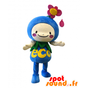 EcoTarou-kun maskot, blå, rosa och gul blomma - Spotsound maskot
