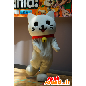 Mascote gato branco, com um colar e um sino - MASFR25230 - Yuru-Chara Mascotes japoneses