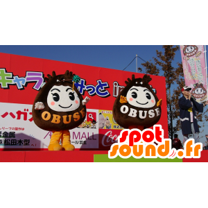 2 mascottes marron et blanches de la ville d'Obuse - MASFR25232 - Mascottes Yuru-Chara Japonaises