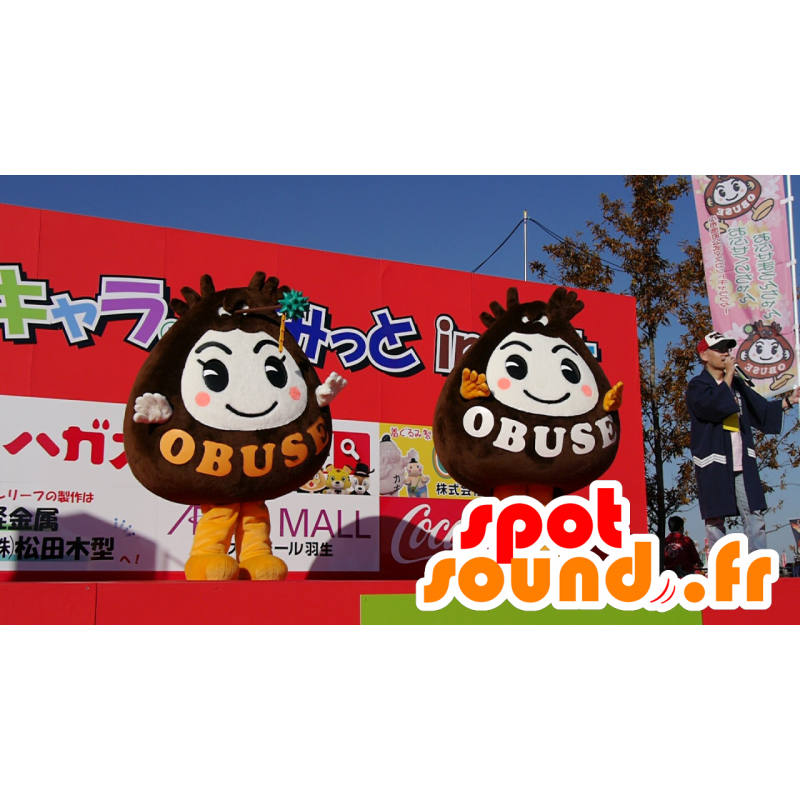 2 mascottes marron et blanches de la ville d'Obuse - MASFR25232 - Mascottes Yuru-Chara Japonaises