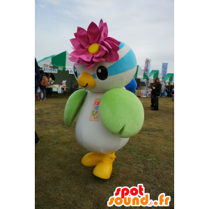 Mascotte d'oiseau coloré, avec une fleur rose sur la tête - MASFR25235 - Mascottes Yuru-Chara Japonaises
