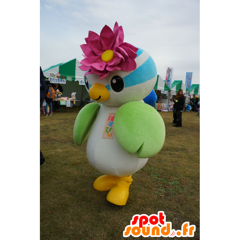Mascot colorful bird with a pink flower on her head - MASFR25235 - Yuru-Chara Japanese mascots