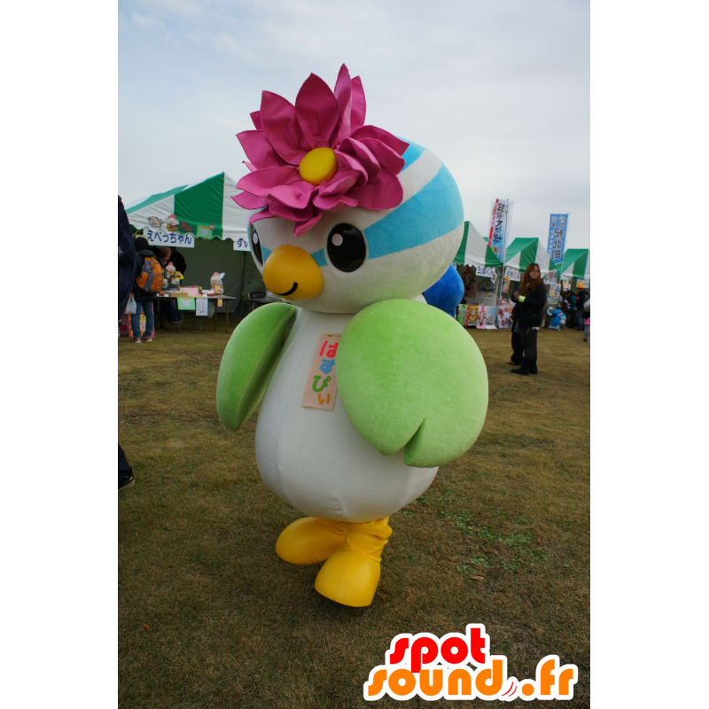 Mascotte kleurrijke vogel met een roze bloem op haar hoofd - MASFR25235 - Yuru-Chara Japanse Mascottes