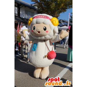 Mascot Ozumin, valkoinen ja keltainen lampaita, söpö ja makea - MASFR25239 - Mascottes Yuru-Chara Japonaises