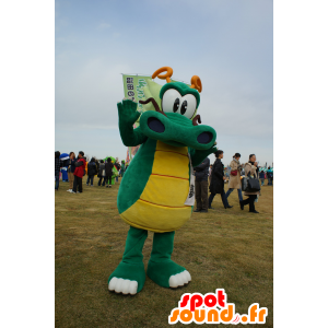 Vihreä ja keltainen lohikäärme maskotti, jättiläinen ja hauska - MASFR25250 - Mascottes Yuru-Chara Japonaises
