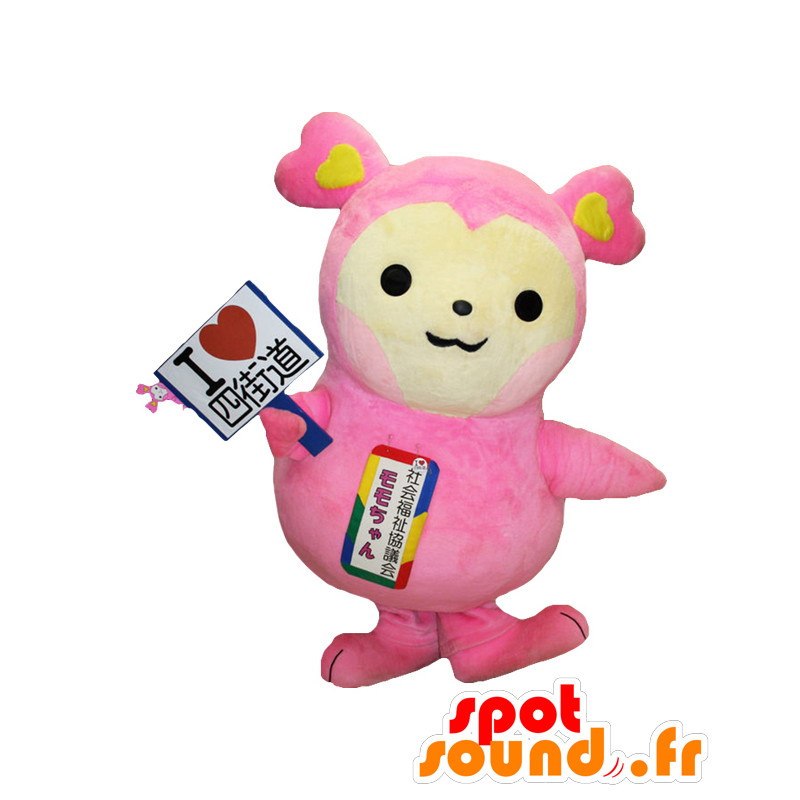 Momo-chan maskot, lyserød og gul bamse, yndig og farverig -