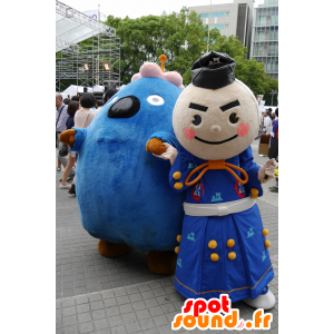 2 Maskottchen, blau und rosa Monster und ein Samurai - MASFR25254 - Yuru-Chara japanischen Maskottchen