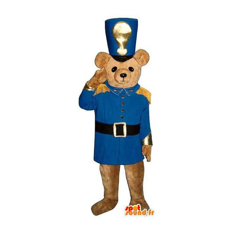 Mascota del oso marrón vestida de azul soldado - MASFR006751 - Oso mascota