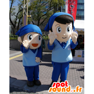 2 mascottes d'enfants, en uniforme bleu, avec un bandana - MASFR25256 - Mascottes Yuru-Chara Japonaises