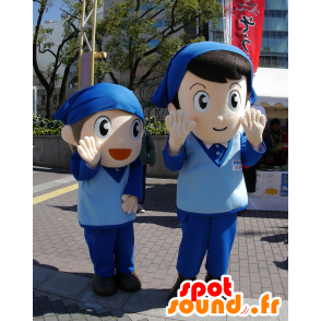 2 mascottes d'enfants, en uniforme bleu, avec un bandana - MASFR25256 - Mascottes Yuru-Chara Japonaises