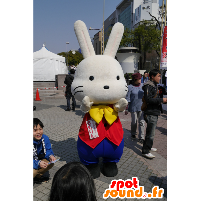 Große weiße Kaninchen Maskottchen, in gelb, blau und rot gehalten - MASFR25263 - Yuru-Chara japanischen Maskottchen