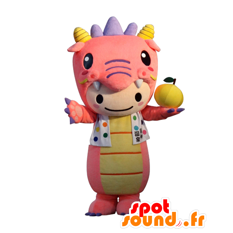 Hotto-chan mascot, pink dragon, purple and yellow, very cute - MASFR25275 - Yuru-Chara Japanese mascots