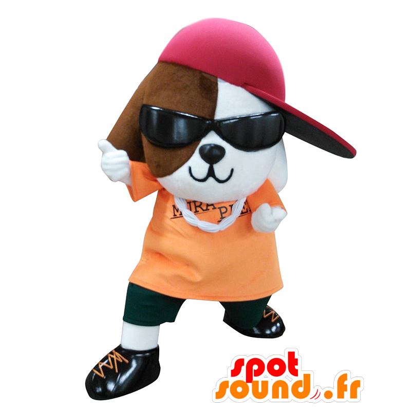 Mascotte de Murapper, chien marron et blanc, habillé en rappeur - MASFR25279 - Mascottes Yuru-Chara Japonaises