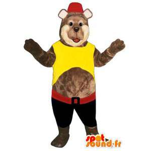 Bear maskot klædt i rød, gul og sort - Spotsound maskot kostume