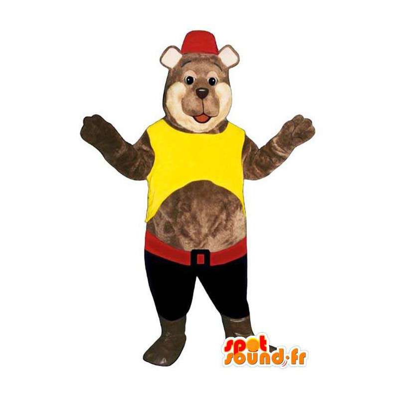 Mascot dressed in yellow red and black bear - MASFR006755 - Bear mascot