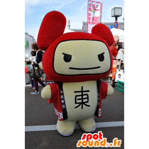 Mascotte orsacchiotto beige e rosso, con l'aria feroce e divertente - MASFR25287 - Yuru-Chara mascotte giapponese
