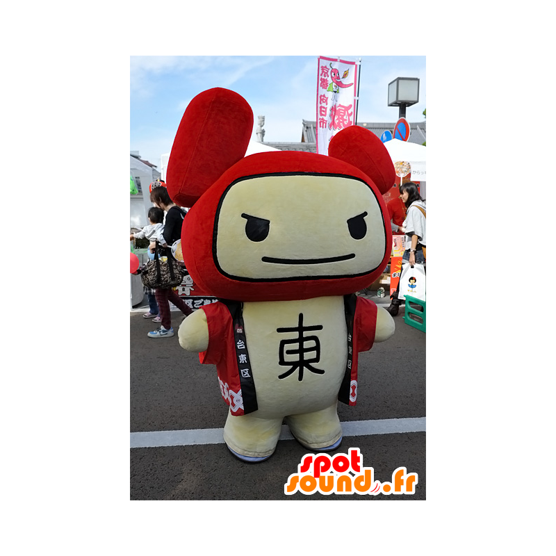 Mascot beige en rode teddy beer met felle en grappige lucht - MASFR25287 - Yuru-Chara Japanse Mascottes