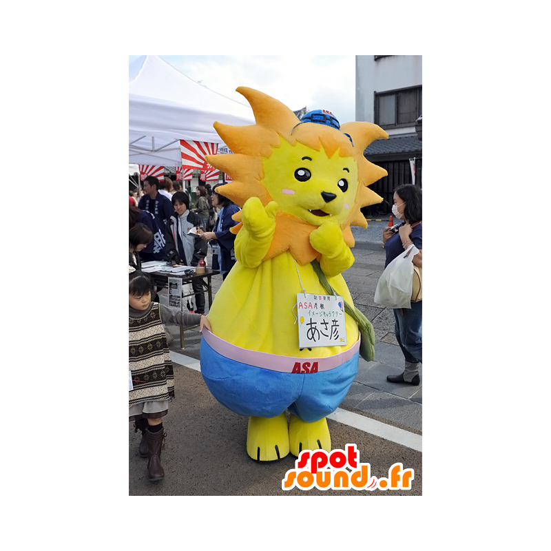 La mascota de Asa león amarillo y naranja con pantalones cortos azules - MASFR25288 - Yuru-Chara mascotas japonesas