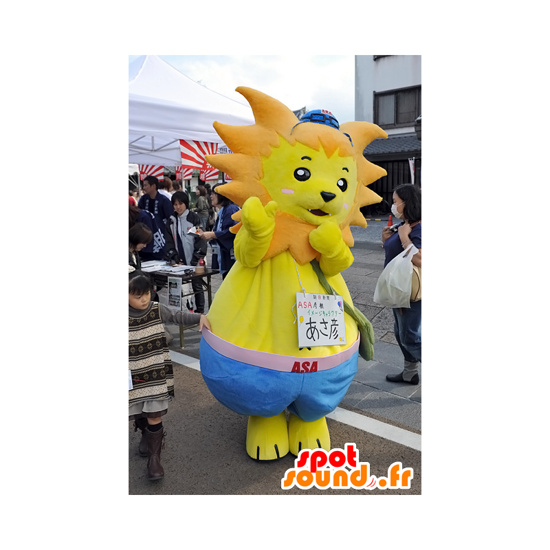 Mascotte d'Asa, lion jaune et orange, avec un short bleu - MASFR25288 - Mascottes Yuru-Chara Japonaises