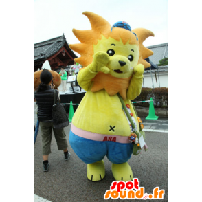 Mascot van Asa leeuw geel en oranje, met blauwe korte broek - MASFR25288 - Yuru-Chara Japanse Mascottes