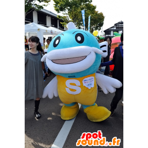 Mascot Caffy, geel en blauw vis, reuze en plezier - MASFR25289 - Yuru-Chara Japanse Mascottes