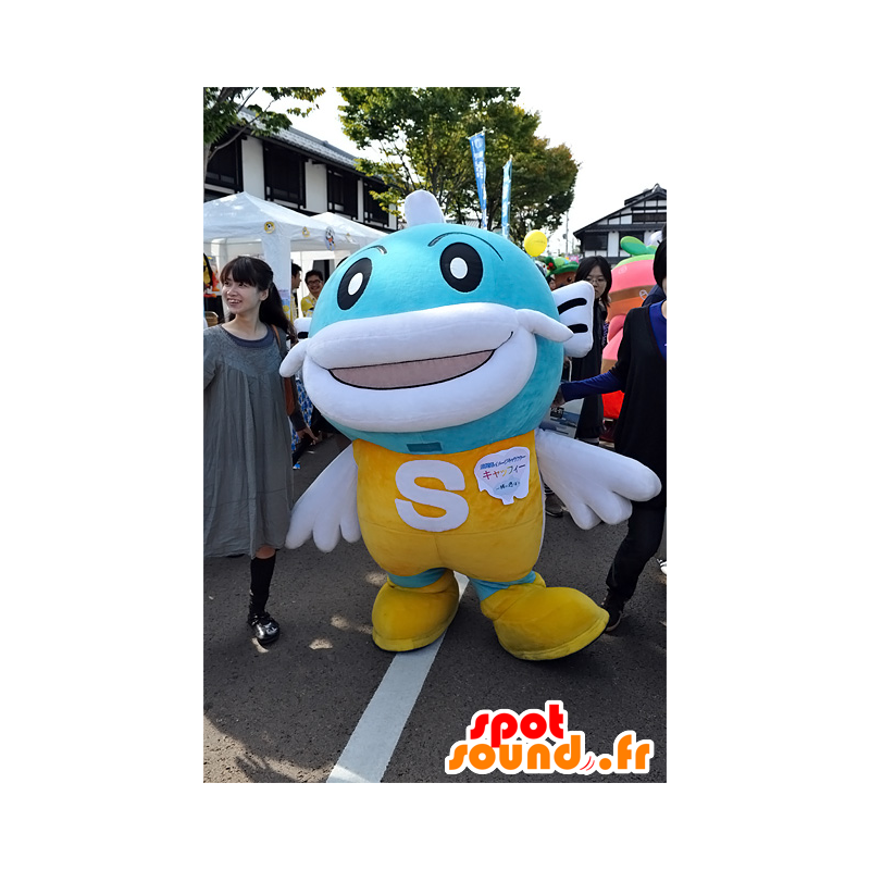 Mascot Caffy, keltainen ja sininen kala, jättiläinen ja hauskaa - MASFR25289 - Mascottes Yuru-Chara Japonaises