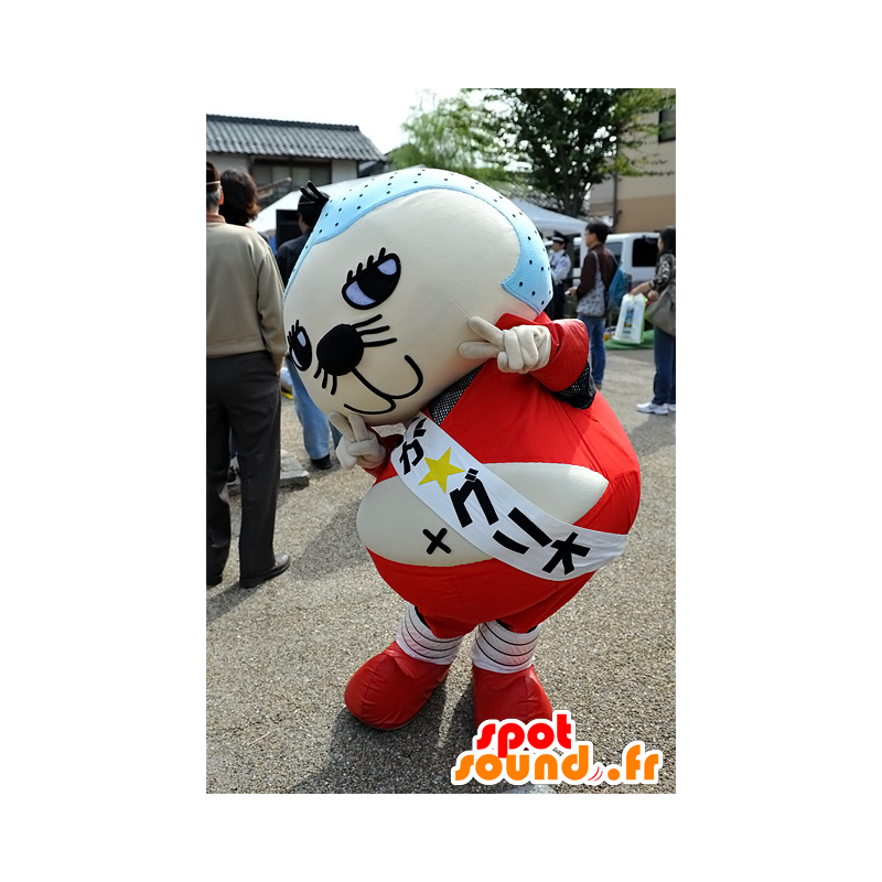 Mascotte d'Iga Gurio, chat beige et bleu, avec une tenue rouge - MASFR25292 - Mascottes Yuru-Chara Japonaises