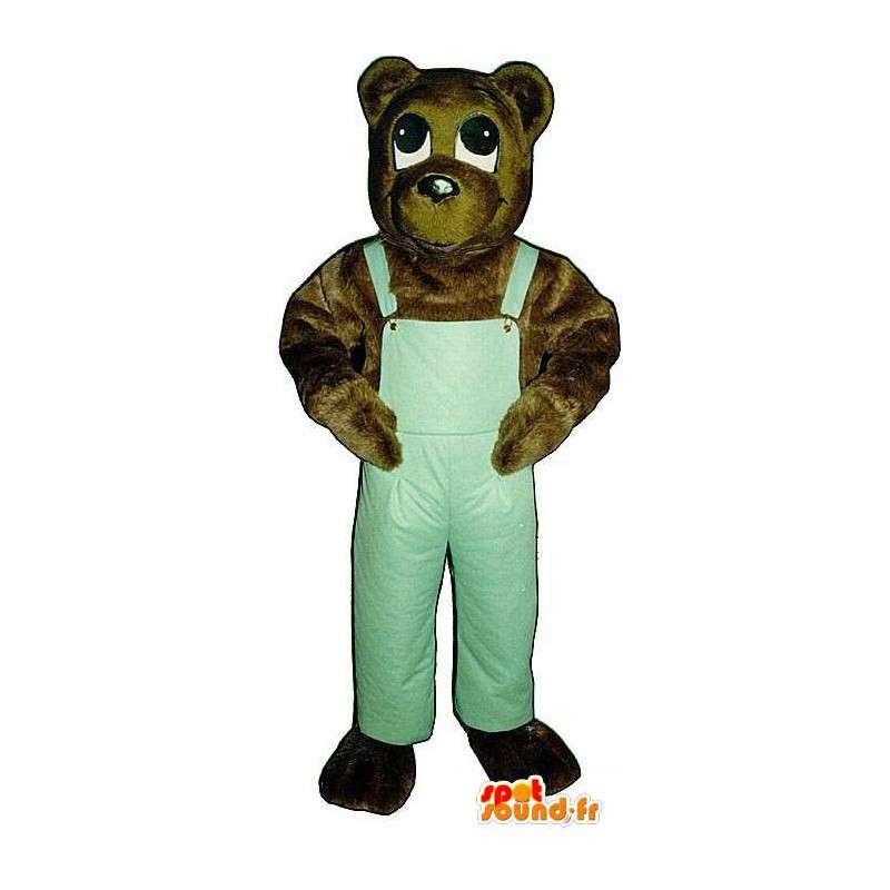 Brun bjørnemaskot i grøn overall - Spotsound maskot kostume