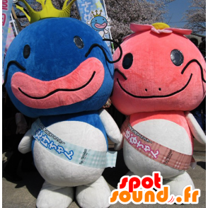2 mascottes blauwe vis, roze en wit, zeer succesvol - MASFR25294 - Yuru-Chara Japanse Mascottes