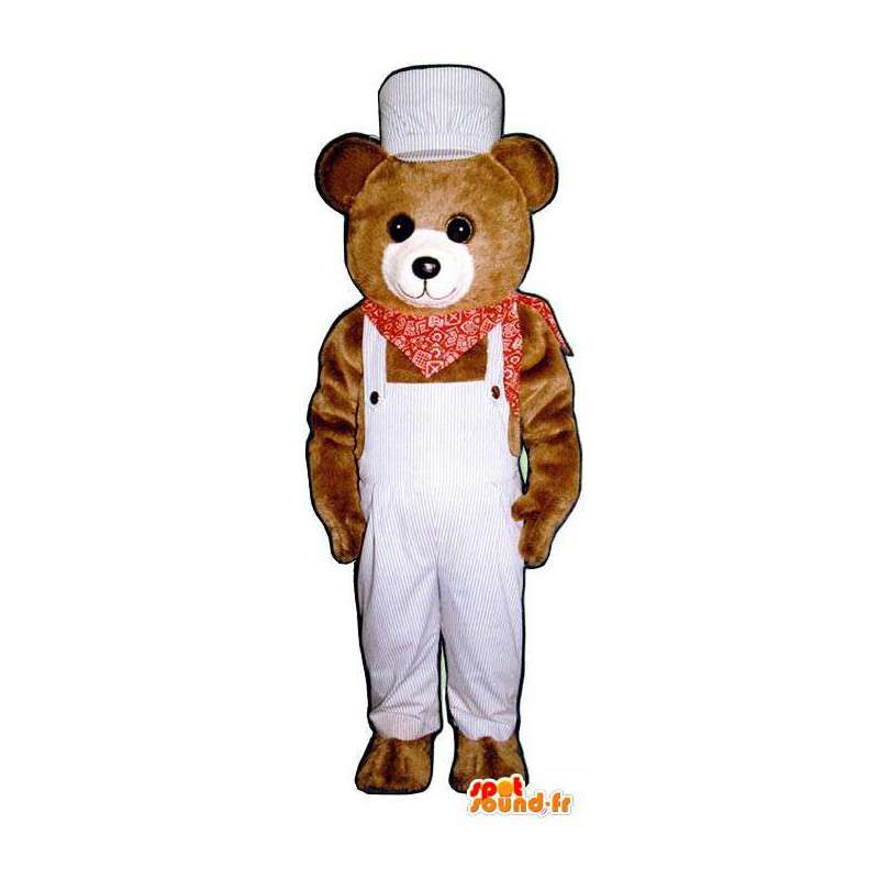 Mascotte d'ours marron en salopette blanche - MASFR006759 - Mascotte d'ours