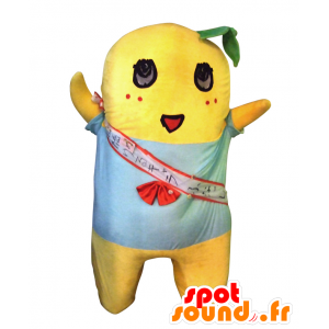 Mascotte de Funassyi, bonhomme jaune, poupon avec un t-shirt bleu - MASFR25308 - Mascottes Yuru-Chara Japonaises