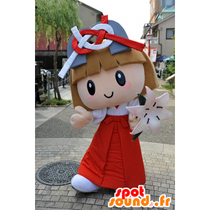 Mascotte de fille, avec des fleurs et une tenue rouge et blanche - MASFR25311 - Mascottes Yuru-Chara Japonaises