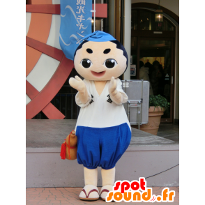 Asiatisk maskot, kvinde i hvidt og blåt tøj - Spotsound maskot