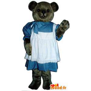 Mascotte d'ours marron foncé en robe bleu et blanche - MASFR006763 - Mascotte d'ours