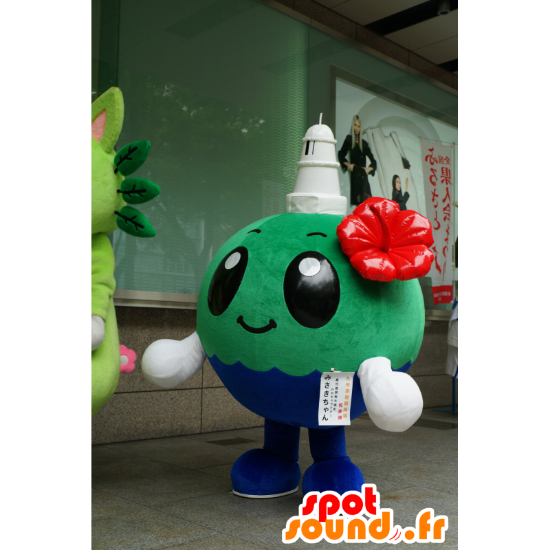 Round, blue and green globe mascot with a lighthouse - MASFR25327 - Yuru-Chara Japanese mascots