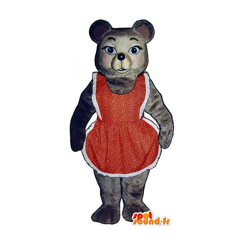 De mascote urso marrom no vestido vermelho e branco - MASFR006765 - mascote do urso