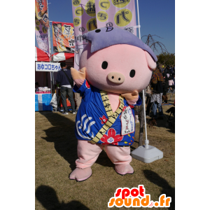 Mascotte de cochon rose avec un peignoir bleu - MASFR25356 - Mascottes Yuru-Chara Japonaises