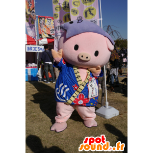 Rosa mascotte maiale con un accappatoio blu - MASFR25356 - Yuru-Chara mascotte giapponese