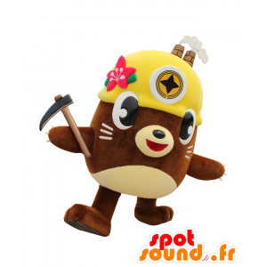 Mascotte de Tagatan, castor marron, avec un casque et une pioche - MASFR25359 - Mascottes Yuru-Chara Japonaises