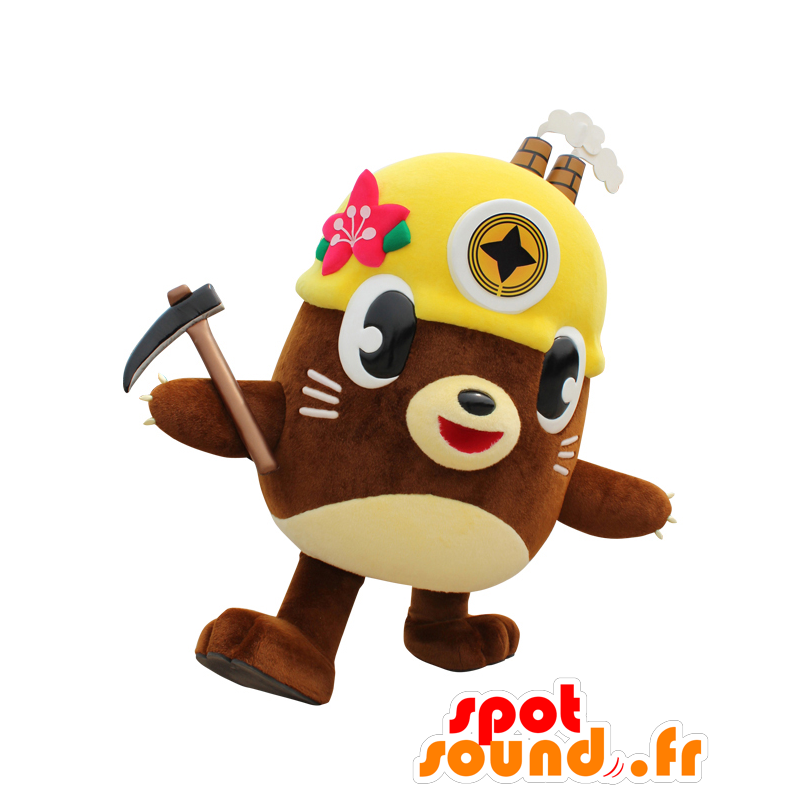 Mascotte de Tagatan, castor marron, avec un casque et une pioche - MASFR25359 - Mascottes Yuru-Chara Japonaises