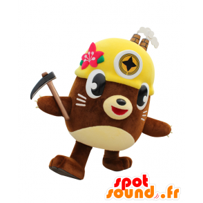 Mascotte de Tagatan, castor marron, avec un casque et une pioche - MASFR25359 - Mascottes Yuru-Chara Japonaises