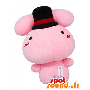 Mascotte de Mochi, gros lapin rose, avec un chapeau noir - MASFR25364 - Mascottes Yuru-Chara Japonaises